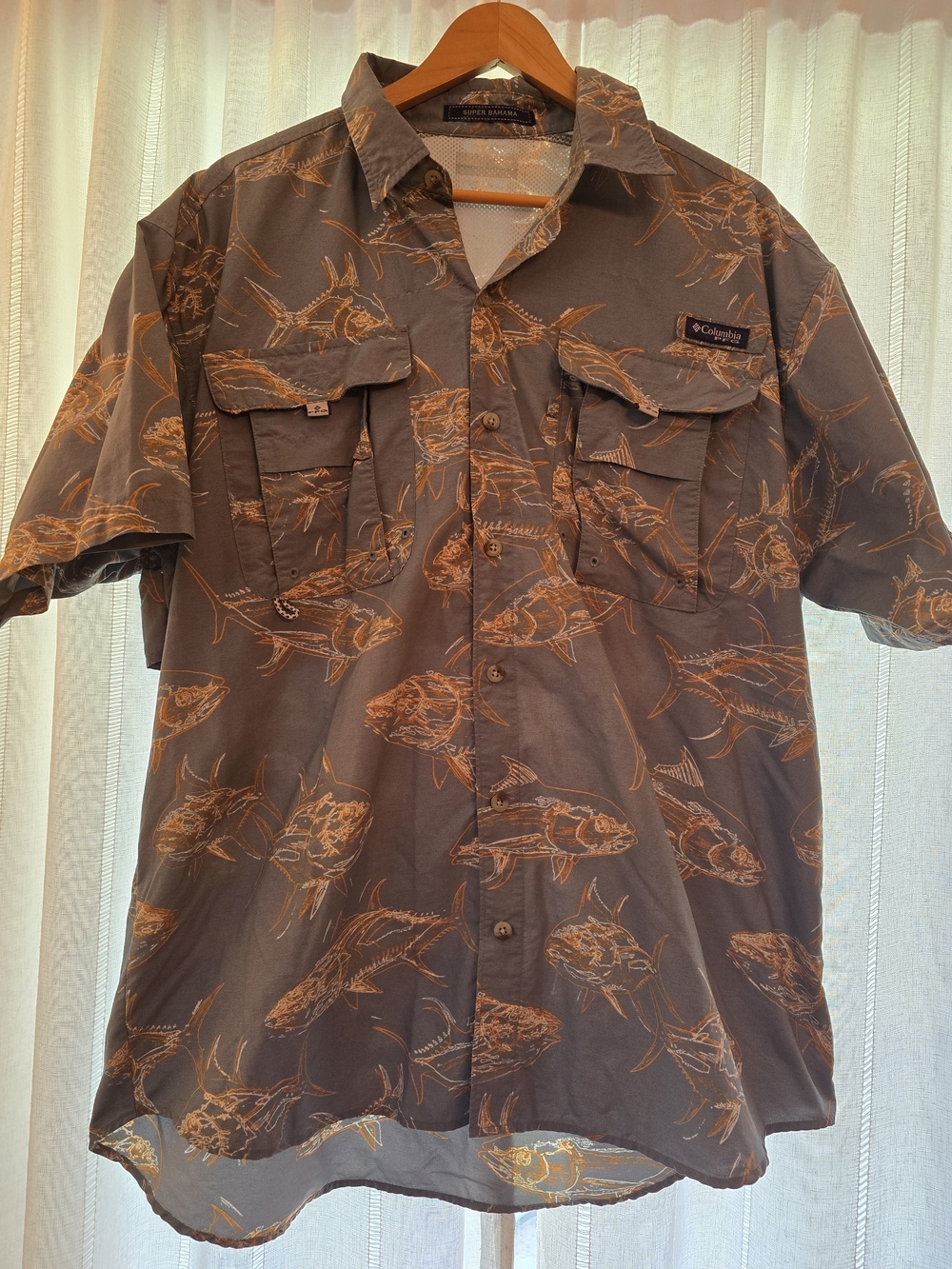 Columbia Slate Blue  Short-Sleeve Fishing Shirt with Orange Tuna Fish Print